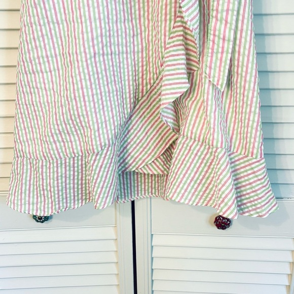 DRAPER JAMES RSVP Puff Sleeve Faux-Wrap Dress Pink and Green Striped XS - Picture 5 of 9